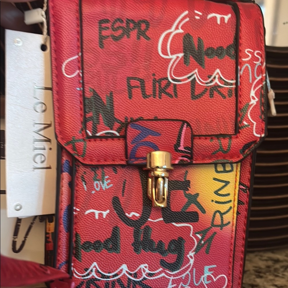 Lo Miel Red Graffiti Crossbody Bag with Gold Clasp